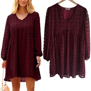 Kirundo Swiss Dot Babydoll Dress S Burgundy Dark Romantic Ethereal Cottagecore